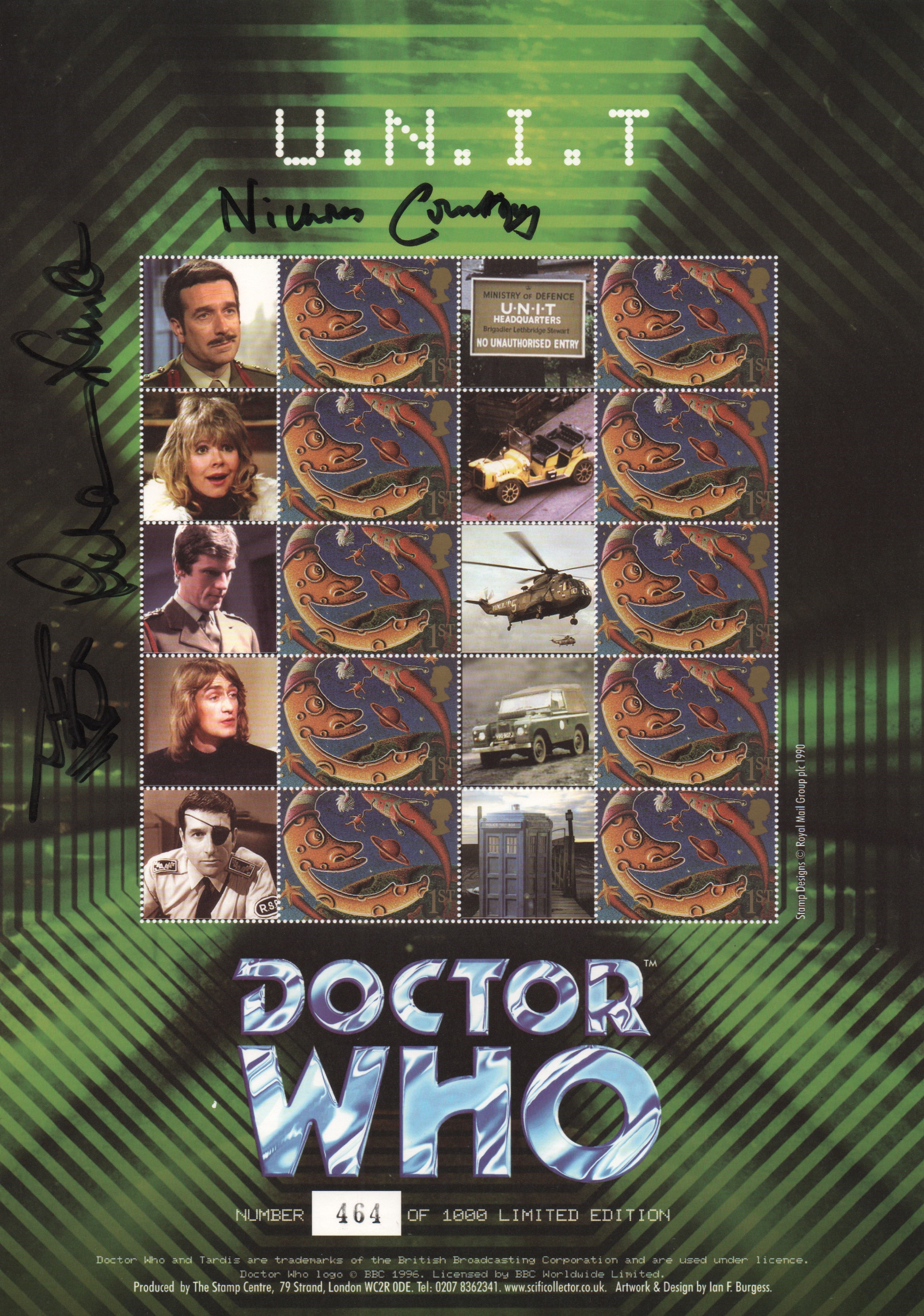 Doctor Who UNIT Stamp Sheet Official Limited Edition Signed Nicholas Courtney, Richard Franklin & Stewart Bevan